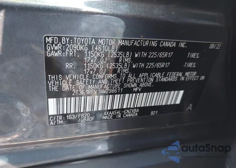 2022 Toyota Rav4 Le из США, поврежденный, VIN 2T3F1RFV1NW298611